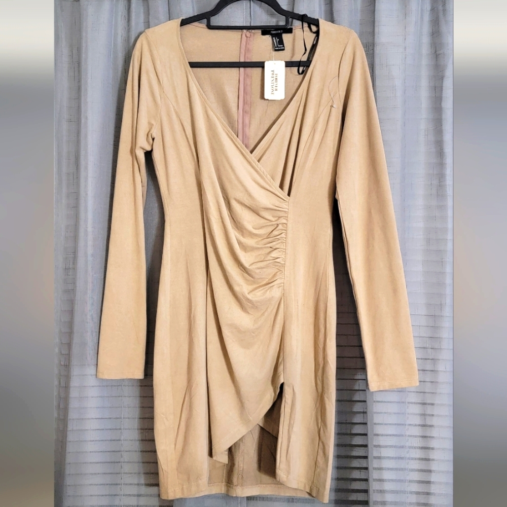 Forever 21 Taupe Asymmetrical Ruched Bodycon Dress Size Large